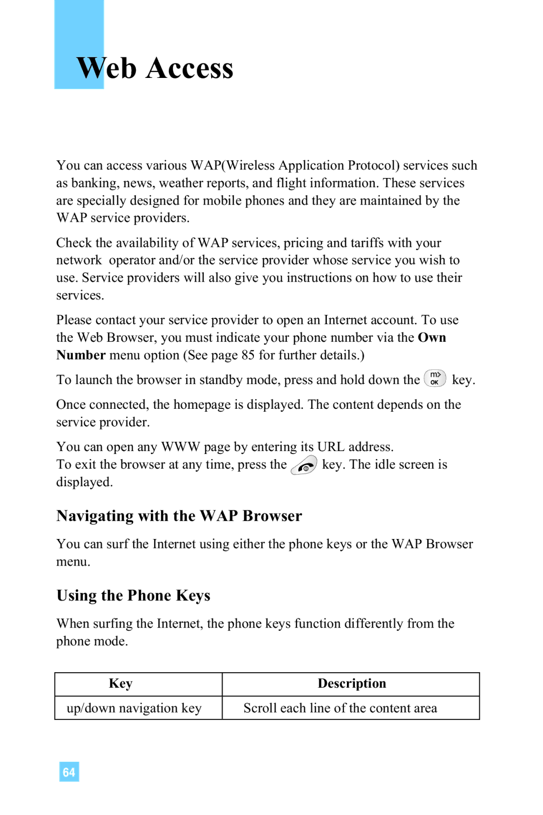 LG Electronics G4015 manual Web Access, Navigating with the WAP Browser, Using the Phone Keys 