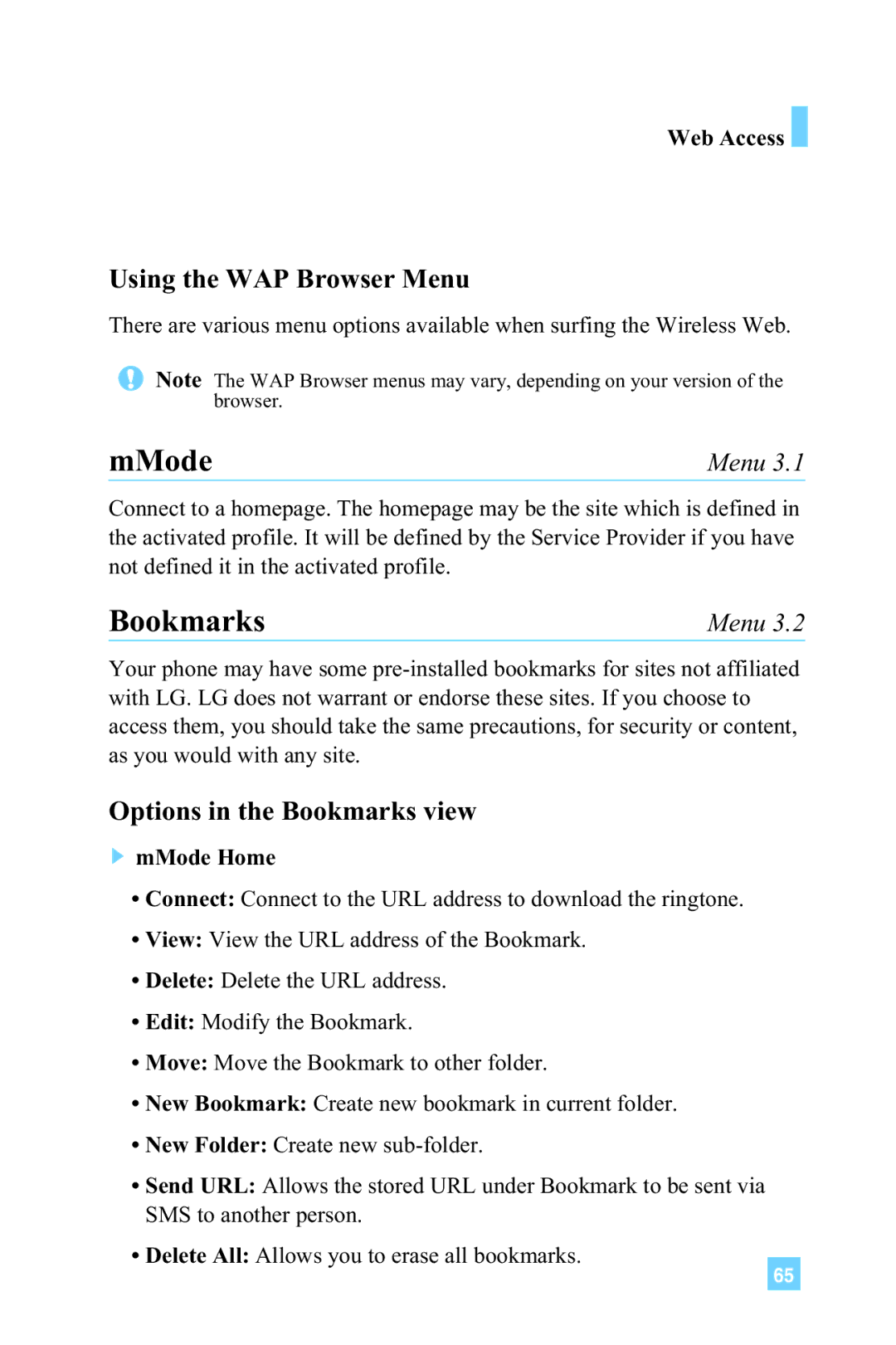 LG Electronics G4015 manual MMode, Using the WAP Browser Menu, Options in the Bookmarks view 