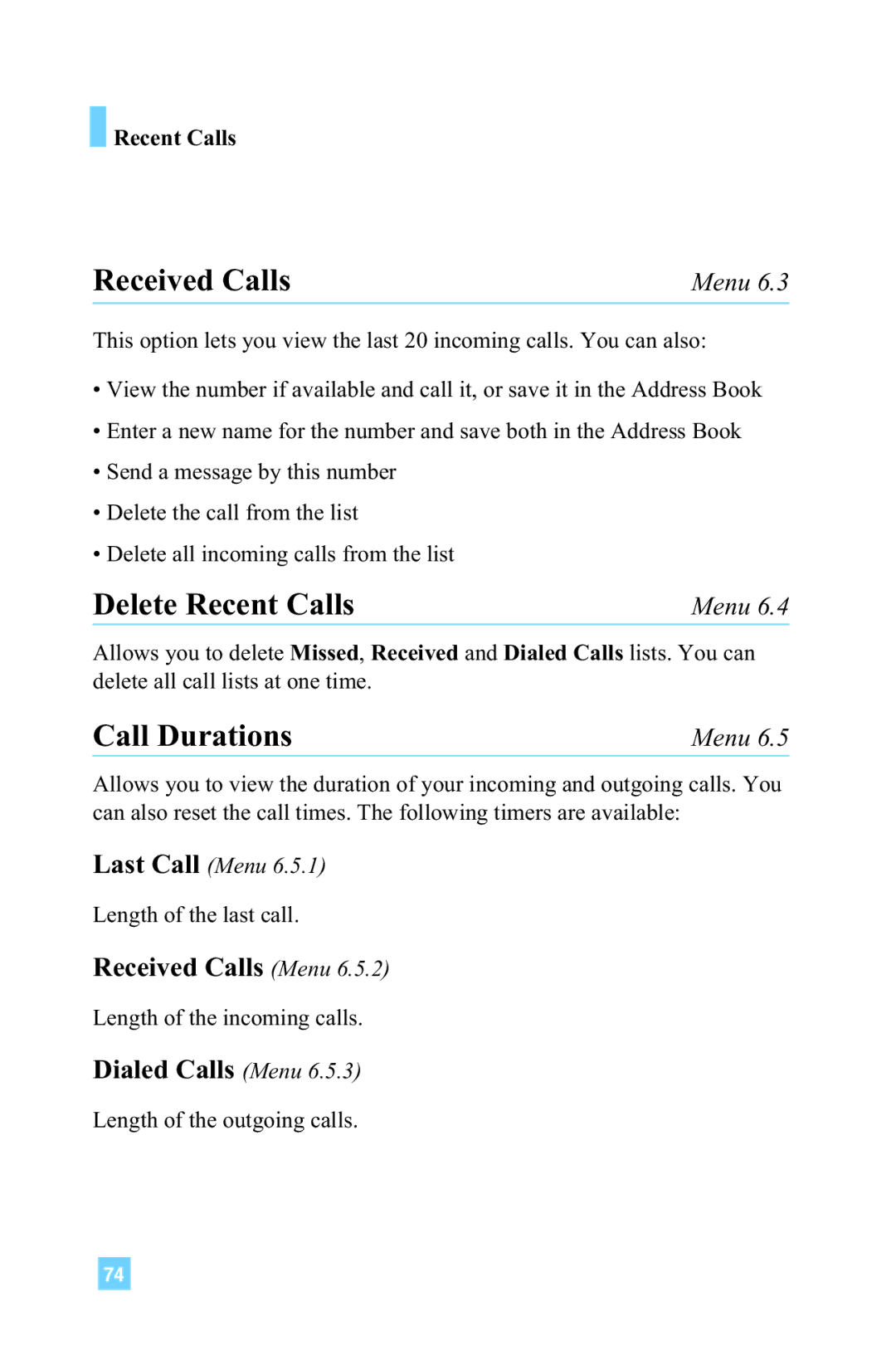 LG Electronics G4015 manual Delete Recent Calls, Call Durations, Received Calls Menu, Dialed Calls Menu 