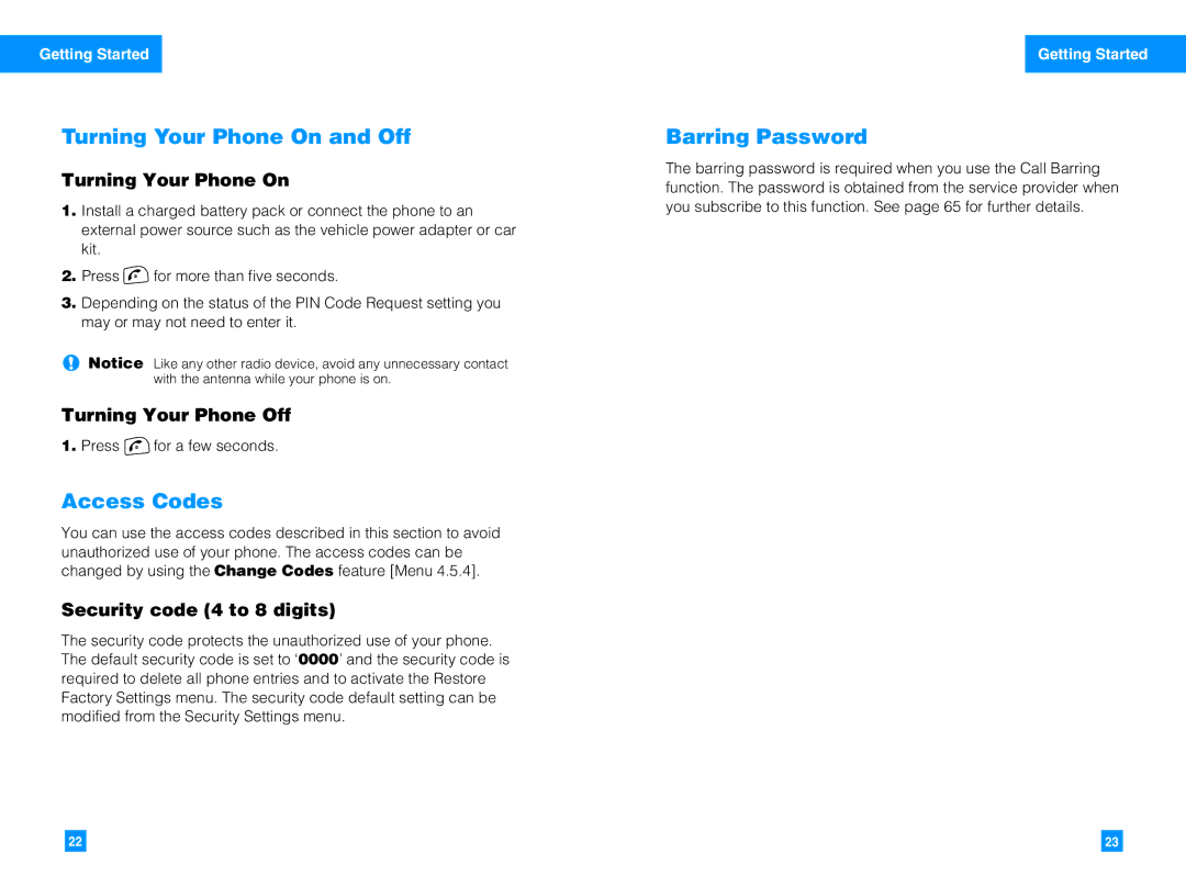 LG Electronics G4050 manual Turning Your Phone On and Off, Access Codes, Barring Password 