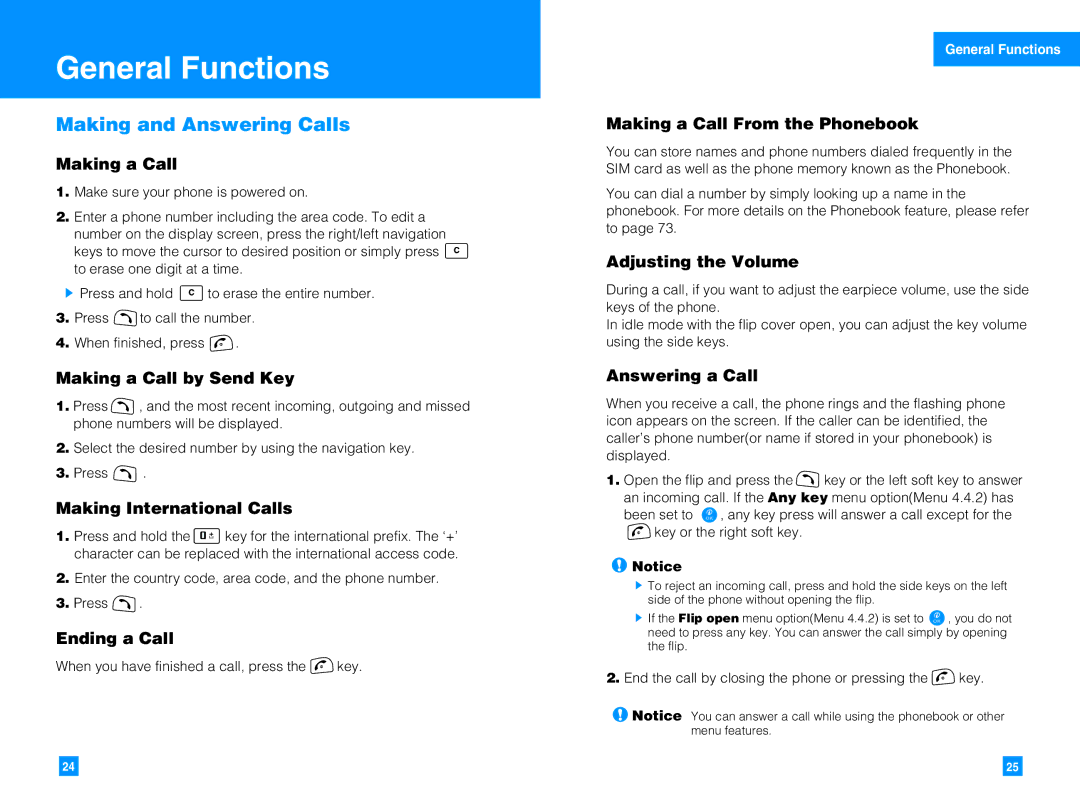 LG Electronics G4050 manual General Functions, Making and Answering Calls 