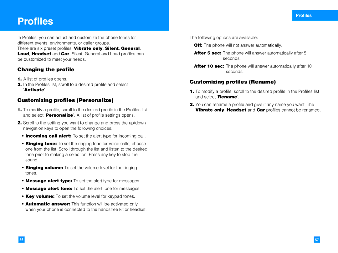 LG Electronics G4050 manual Profiles, Changing the profile, Customizing profiles Personalize, Customizing profiles Rename 