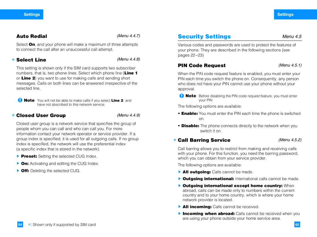 LG Electronics G4050 manual Security Settings, Auto Redial, Select Line, PIN Code Request, Call Barring Service 