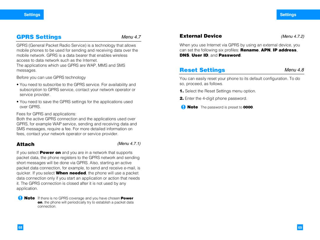 LG Electronics G4050 manual Gprs Settings, Reset Settings, Attach 