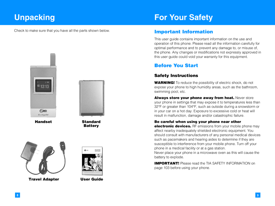 LG Electronics G4050 manual Unpacking, For Your Safety, Important Information, Before You Start, Safety Instructions 