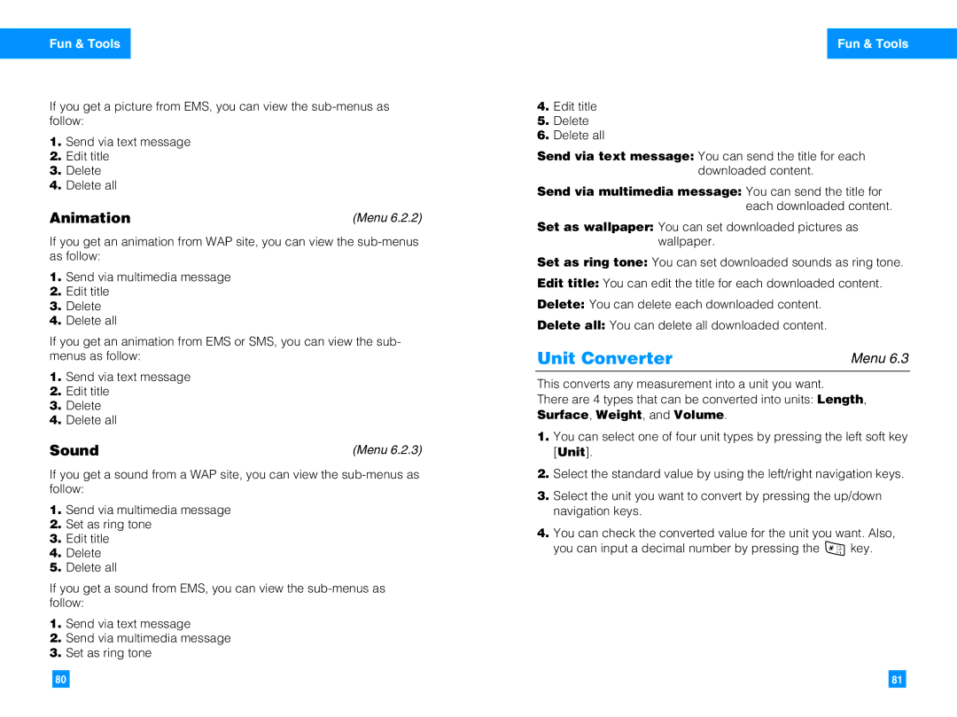 LG Electronics G4050 manual Unit Converter, Animation, Sound, Fun & Tools 