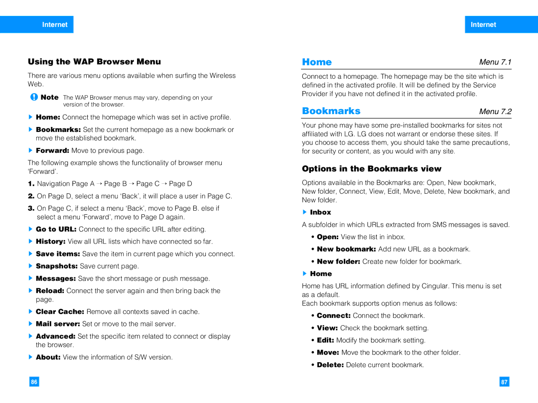LG Electronics G4050 manual Home, Using the WAP Browser Menu, Options in the Bookmarks view, Internet 