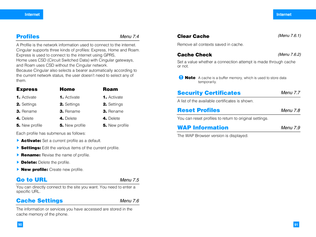 LG Electronics G4050 manual Go to URL, Cache Settings, Security Certificates, Reset Profiles, WAP Information 