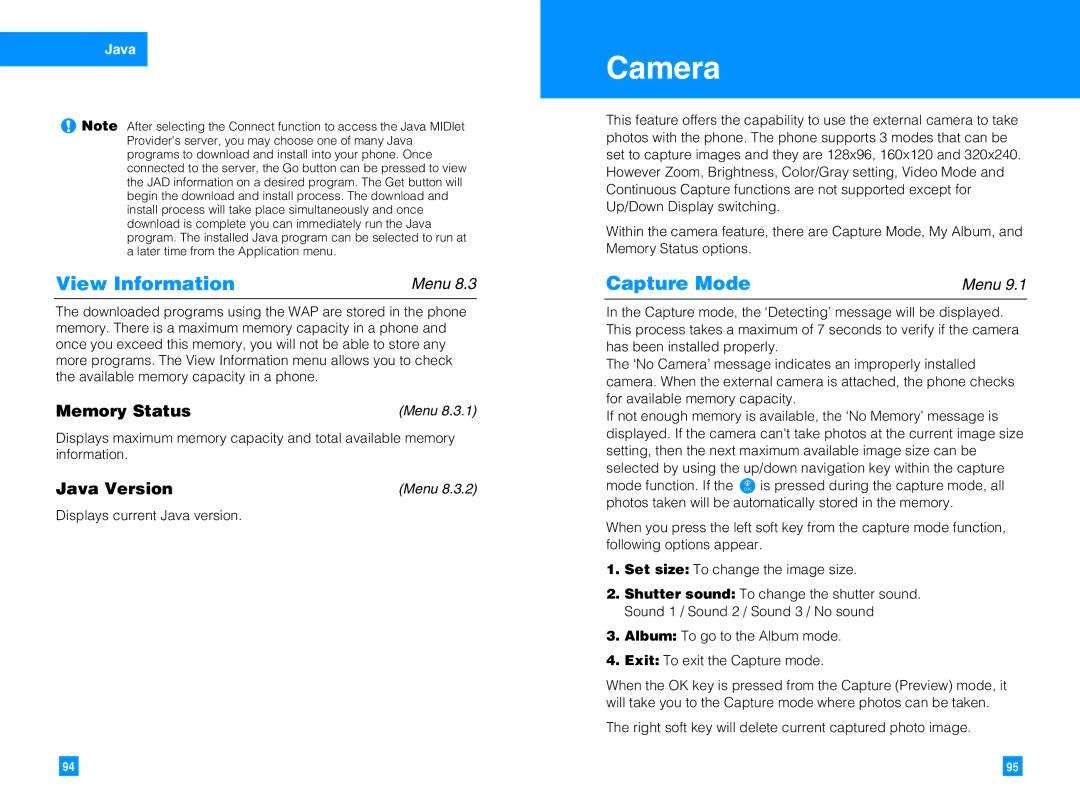 LG Electronics G4050 manual Camera, View Information, Capture Mode, Memory Status, Java Version 