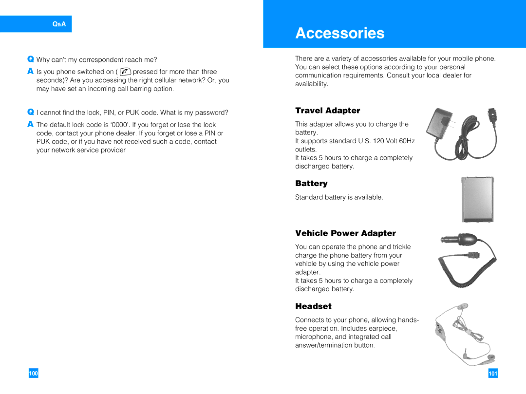 LG Electronics G4050 manual Accessories, Travel Adapter, Battery, Vehicle Power Adapter, Headset 