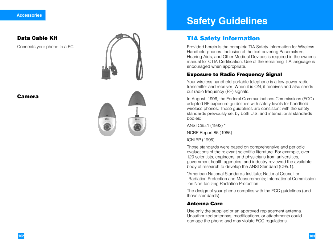 LG Electronics G4050 manual Safety Guidelines, TIA Safety Information, Data Cable Kit, Camera 