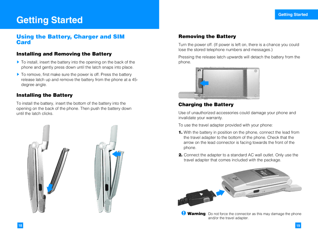 LG Electronics G4050 manual Getting Started, Using the Battery, Charger and SIM Card 