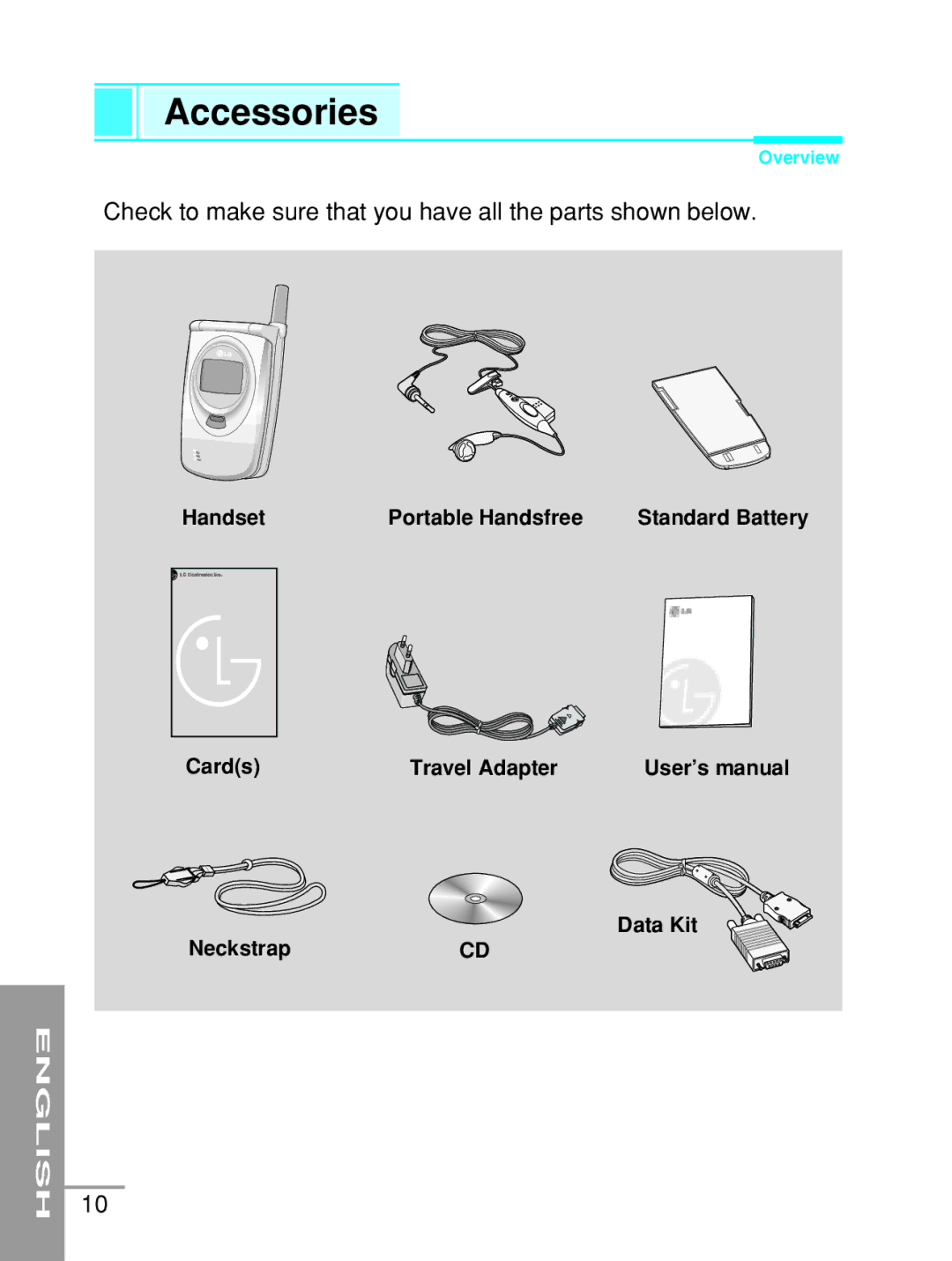 LG Electronics G5200 user manual Accessories, Check to make sure that you have all the parts shown below 