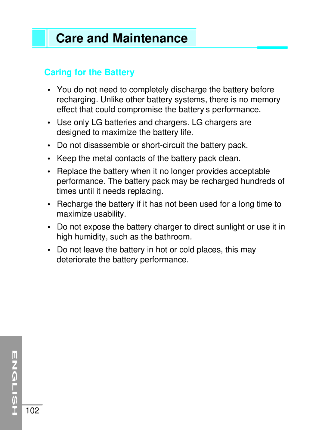 LG Electronics G5200 user manual Caring for the Battery 