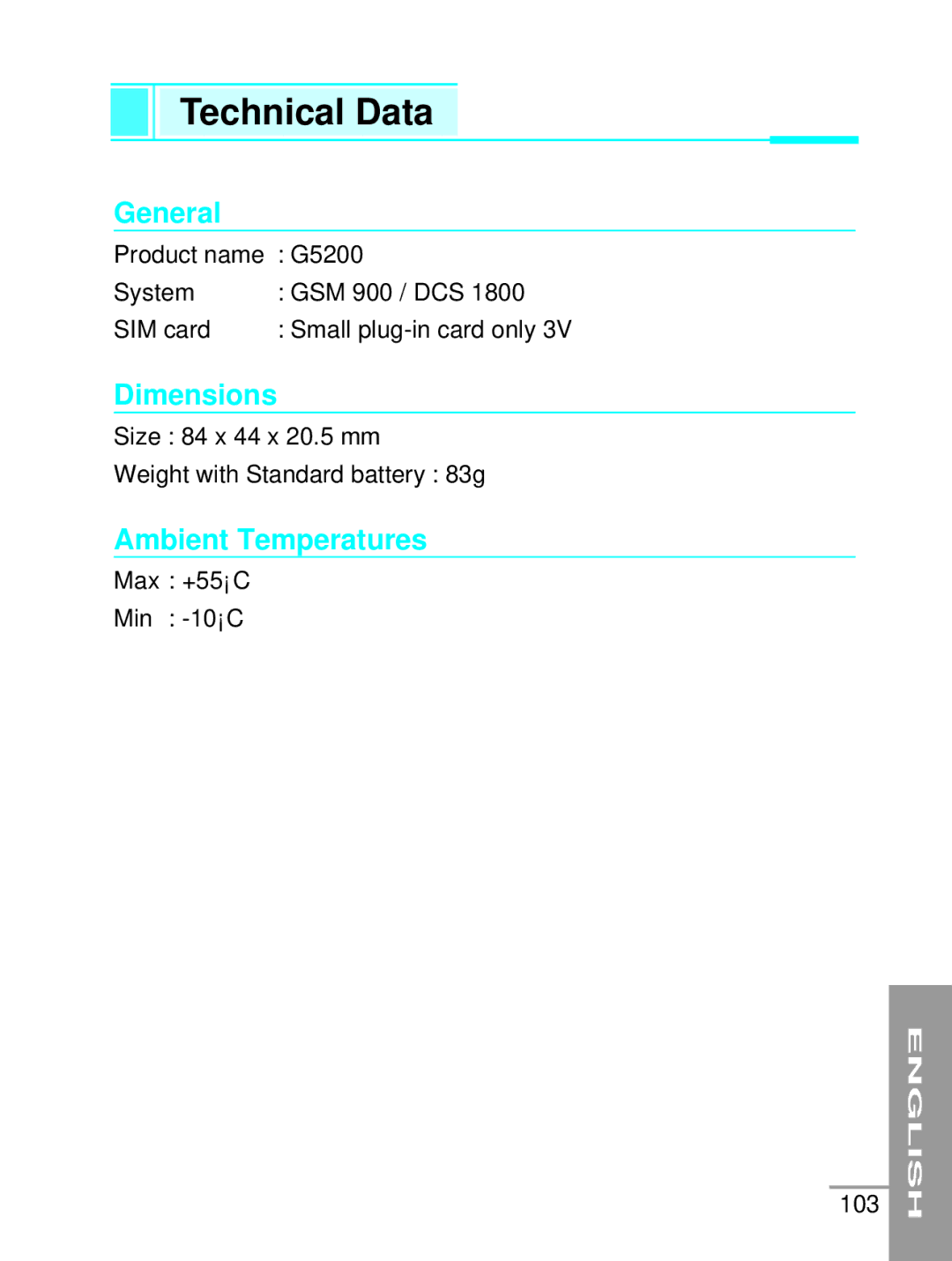 LG Electronics G5200 user manual Technical Data 