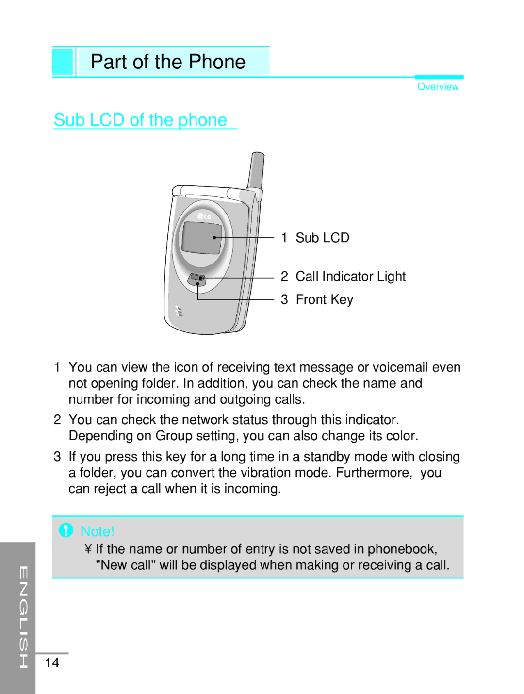 LG Electronics G5200 user manual Sub LCD of the phone, Sub LCD Call Indicator Light Front Key 