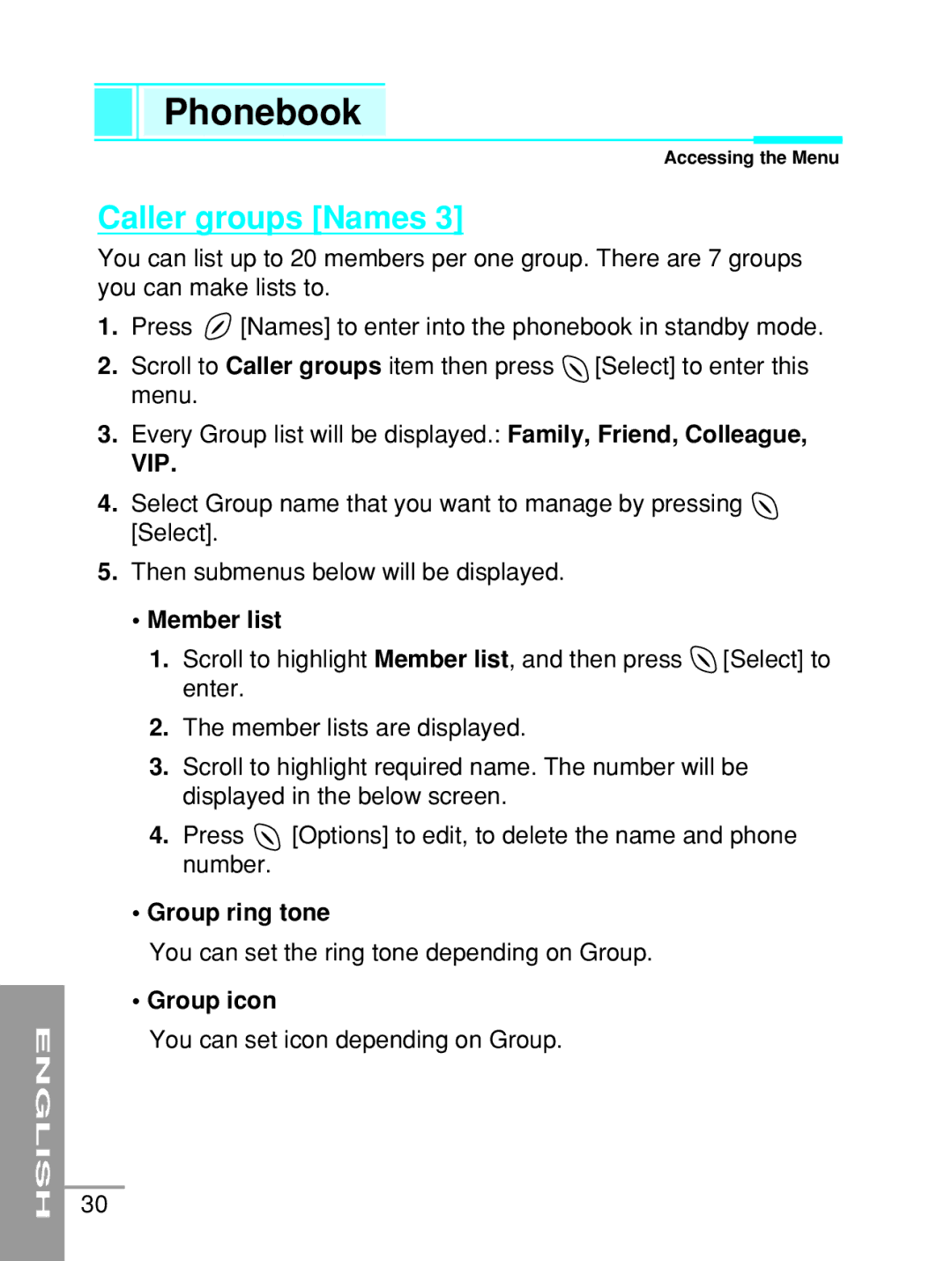 LG Electronics G5200 user manual Caller groups Names, Member list, Group ring tone, Group icon 