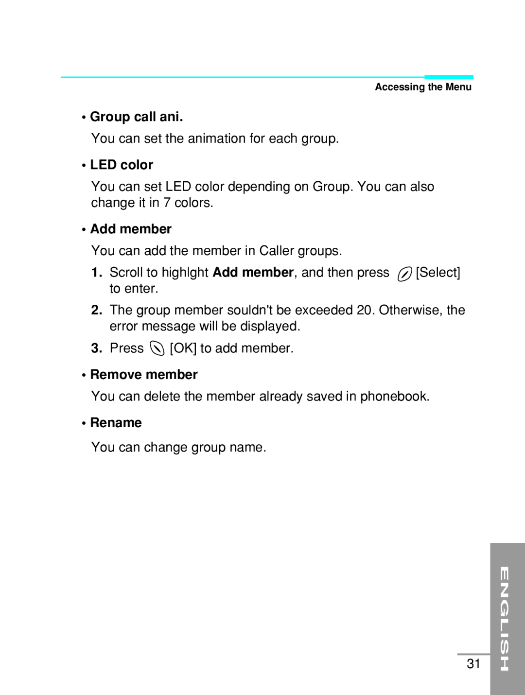 LG Electronics G5200 user manual Group call ani, LED color, Add member, Remove member, Rename 