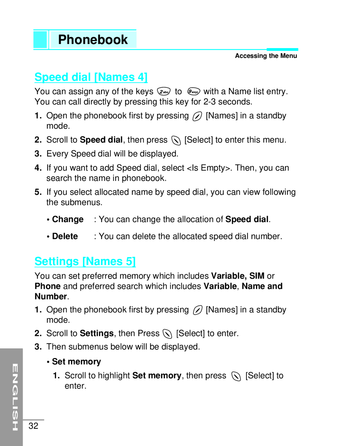 LG Electronics G5200 user manual Speed dial Names, Settings Names, Set memory 