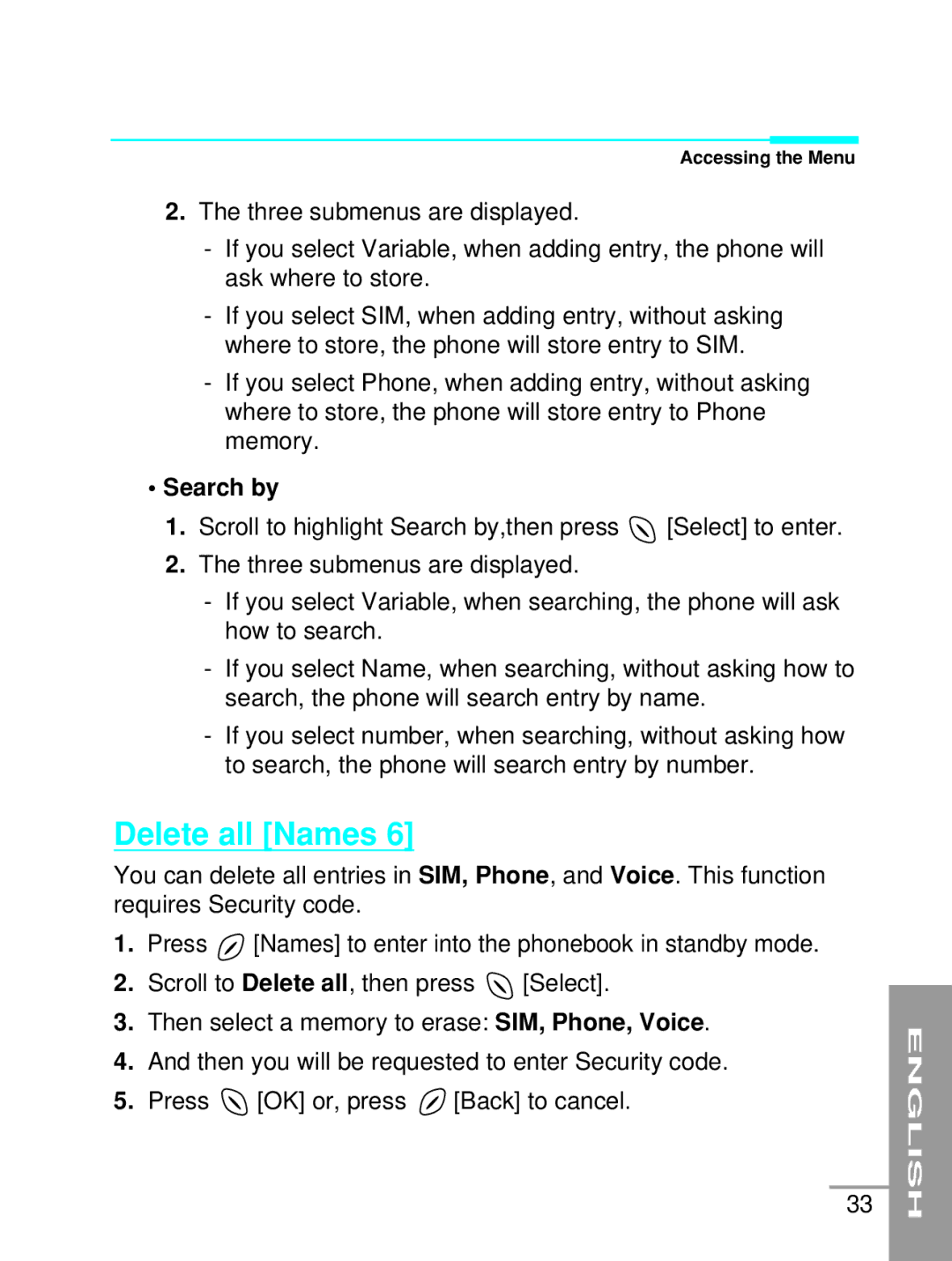 LG Electronics G5200 user manual Delete all Names, Search by 