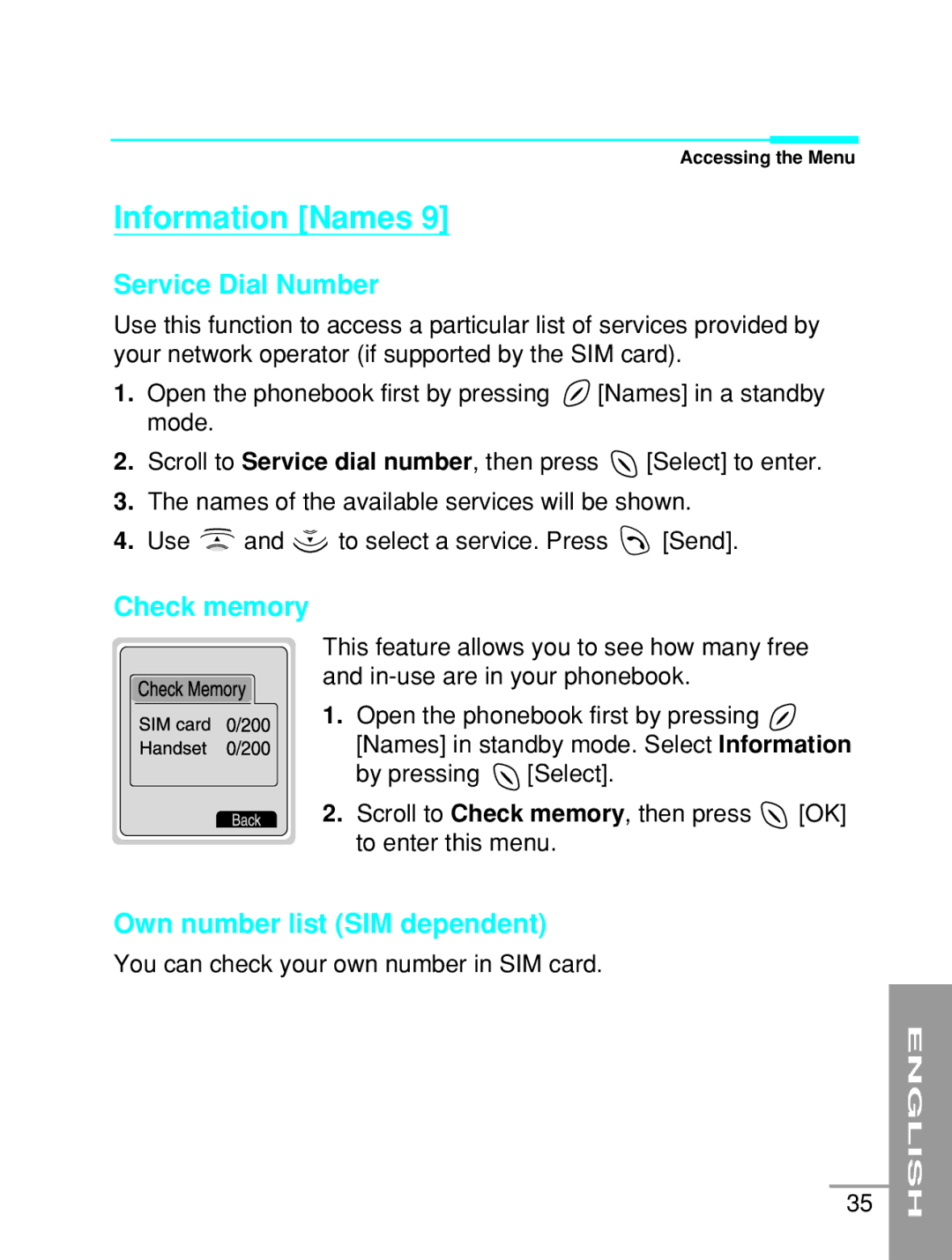 LG Electronics G5200 user manual Information Names, Service Dial Number, Check memory, Own number list SIM dependent 