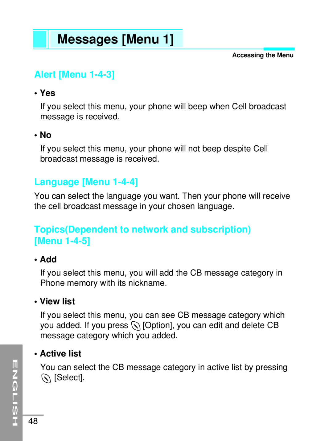 LG Electronics G5200 user manual Alert Menu, Language Menu, TopicsDependent to network and subscription Menu 