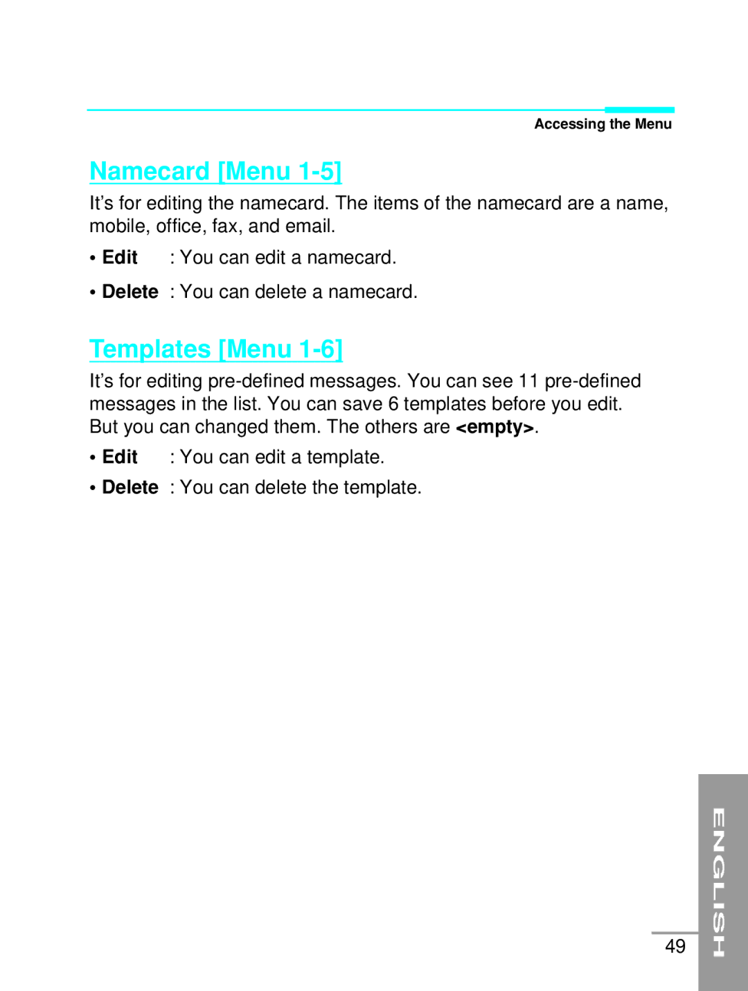 LG Electronics G5200 user manual Namecard Menu, Templates Menu 