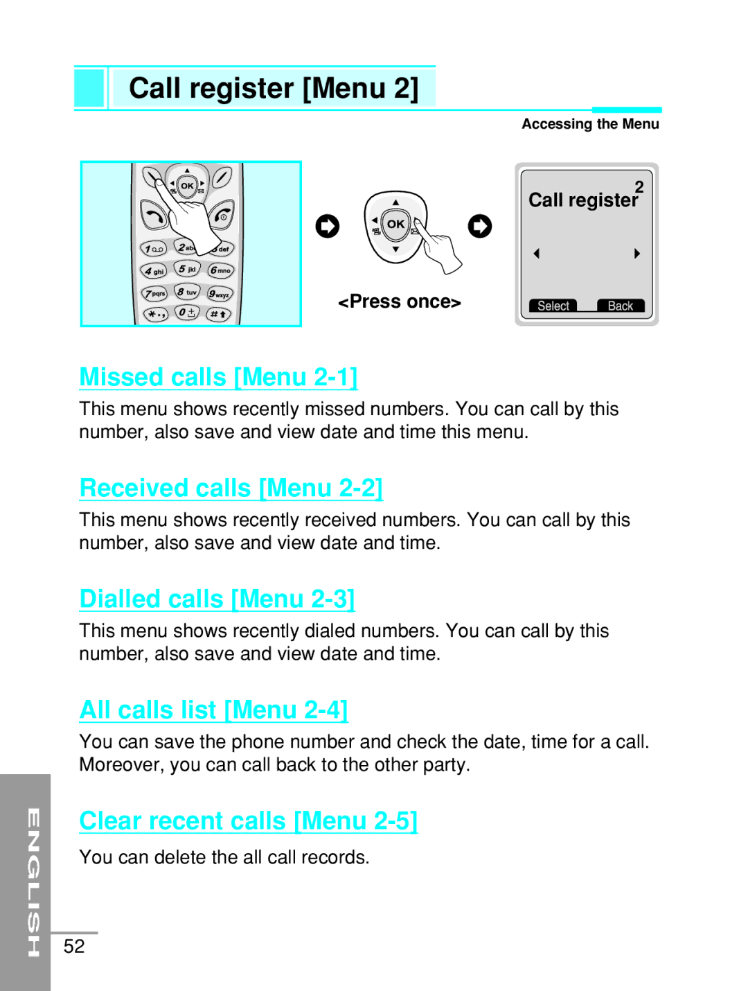 LG Electronics G5200 user manual Call register Menu 