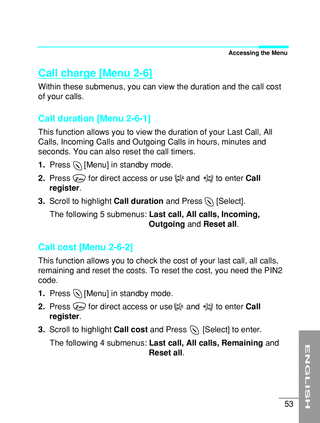 LG Electronics G5200 user manual Call charge Menu, Call duration Menu, Call cost Menu 