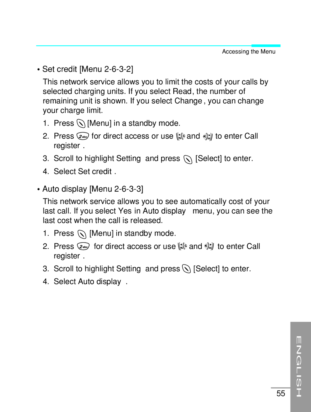 LG Electronics G5200 user manual Set credit Menu, Select Set credit Auto display Menu, Select Auto display 