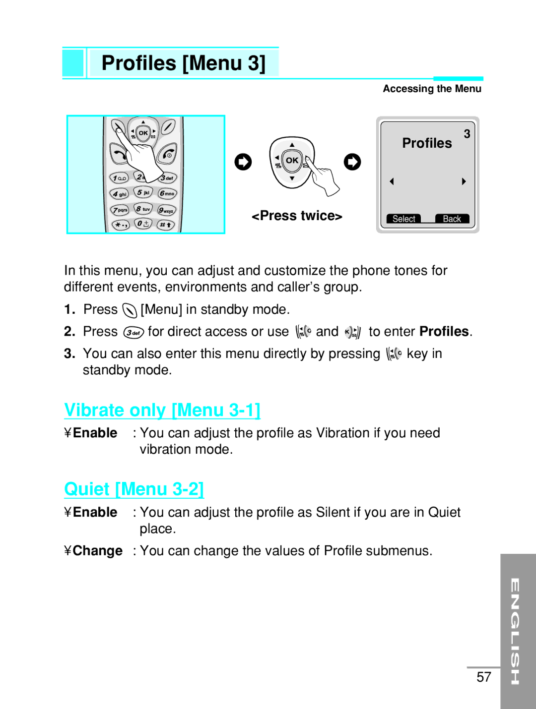 LG Electronics G5200 user manual Profiles Menu, Vibrate only Menu, Quiet Menu, Profiles Press twice 