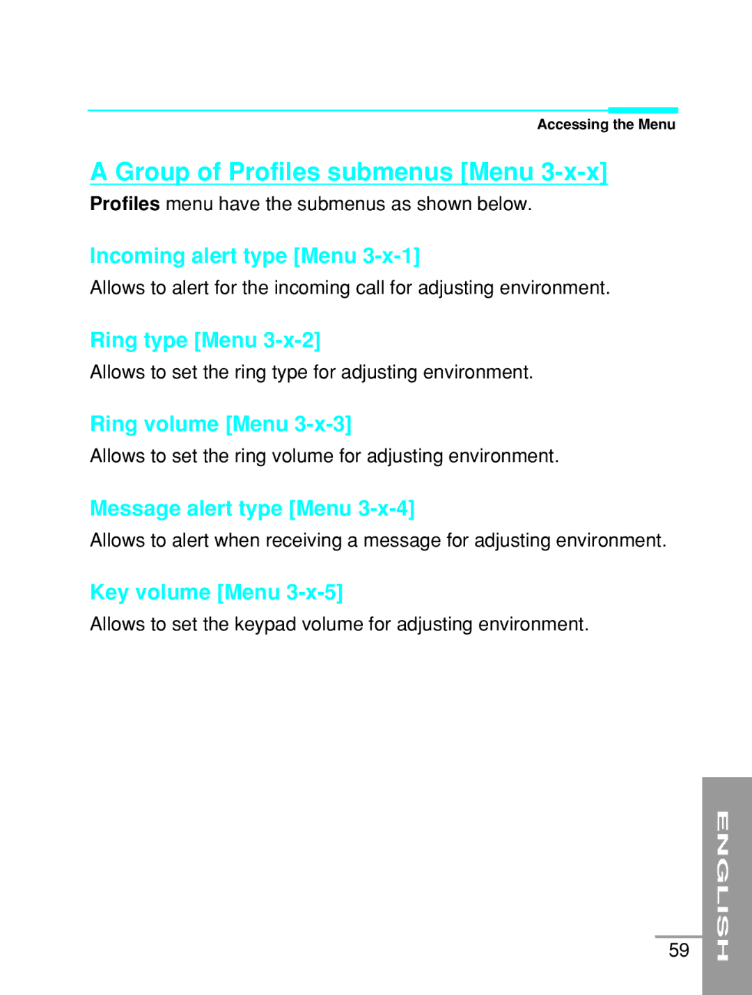 LG Electronics G5200 user manual Group of Profiles submenus Menu 