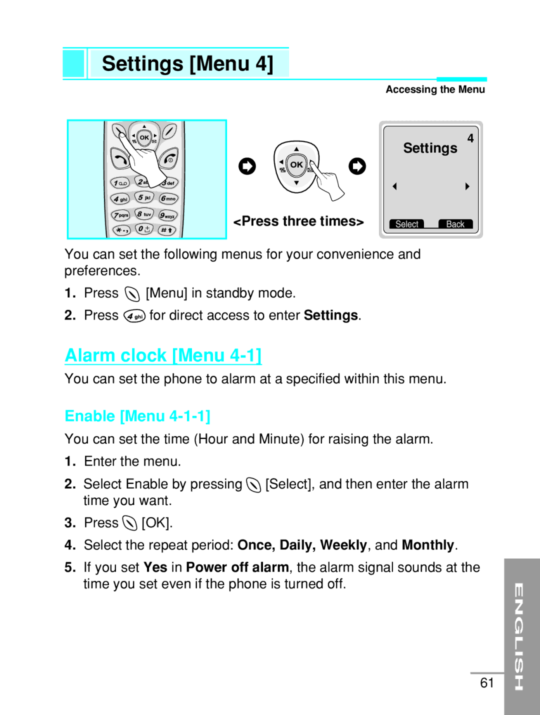 LG Electronics G5200 user manual Settings Menu, Alarm clock Menu, Enable Menu, Settings Press three times 