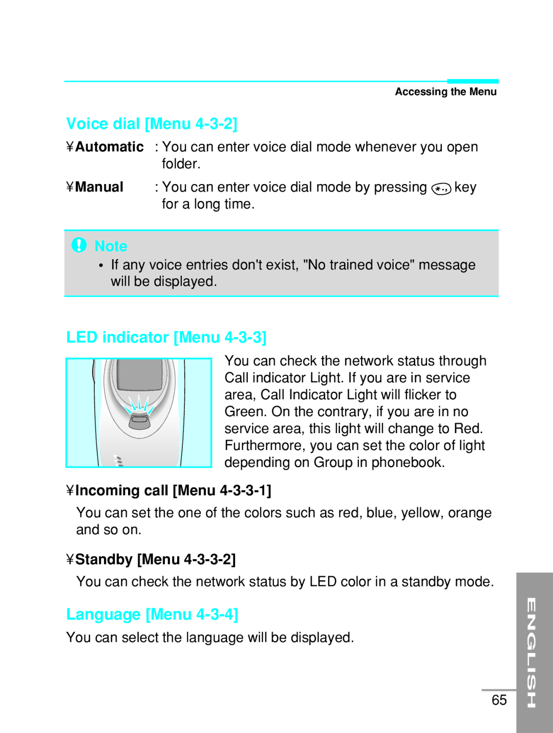 LG Electronics G5200 user manual Voice dial Menu, LED indicator Menu, Incoming call Menu, Standby Menu 