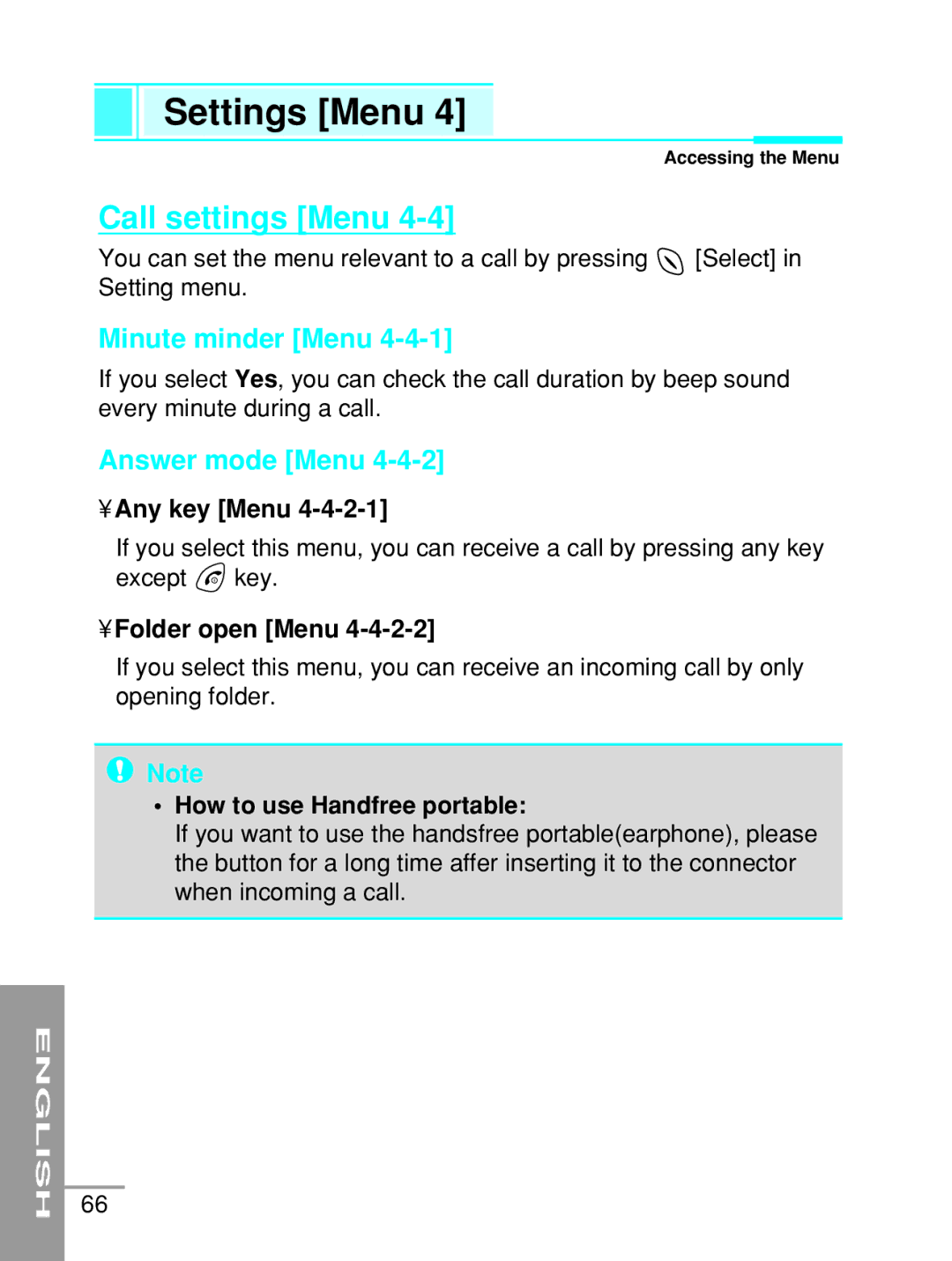 LG Electronics G5200 user manual Call settings Menu, Minute minder Menu, Answer mode Menu 