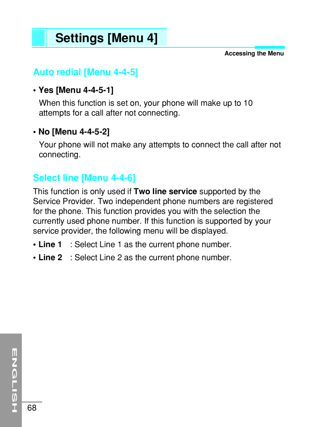 LG Electronics G5200 user manual Auto redial Menu, Select line Menu 