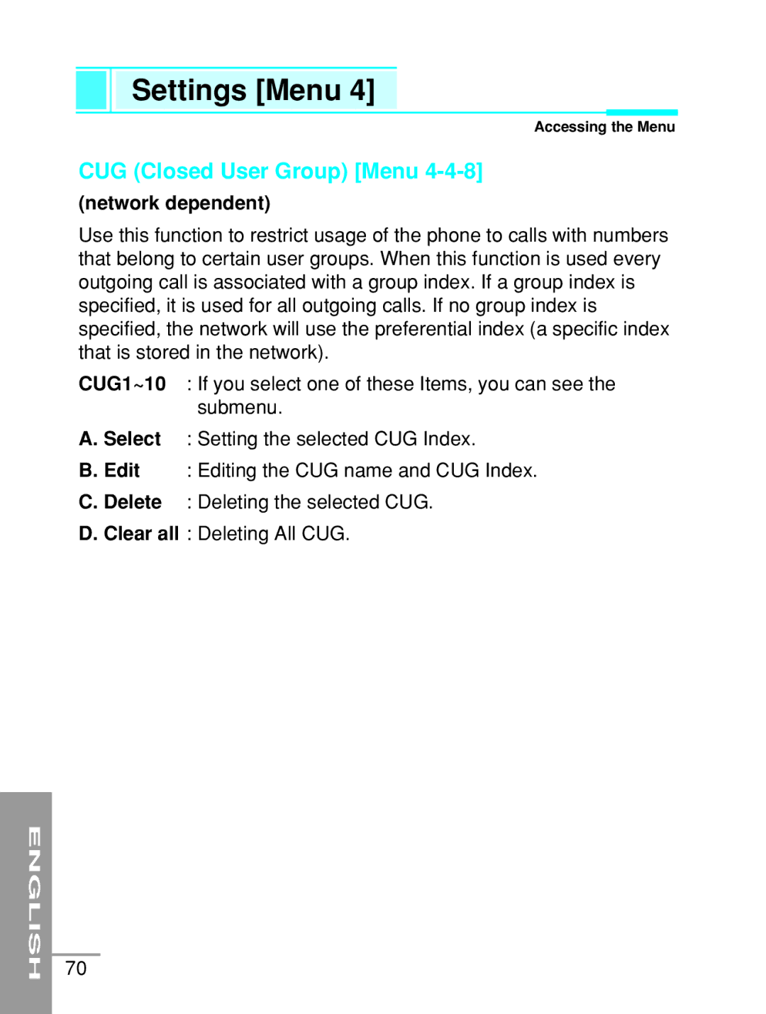 LG Electronics G5200 user manual CUG Closed User Group Menu 