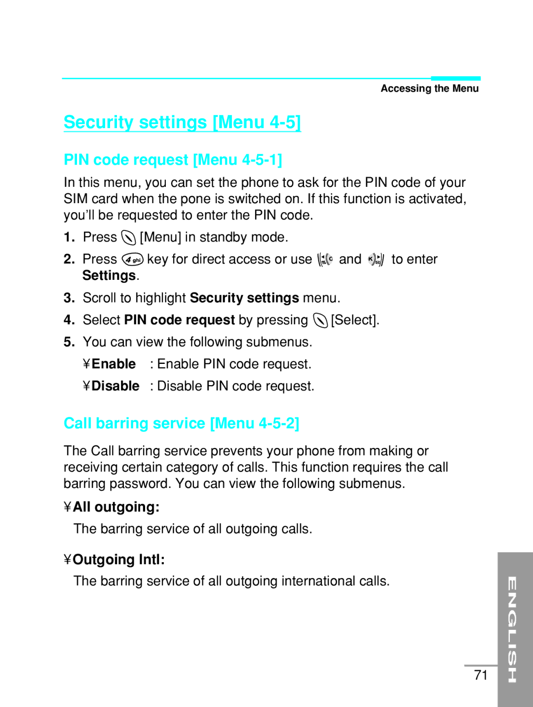 LG Electronics G5200 Security settings Menu, PIN code request Menu, Call barring service Menu, All outgoing, Outgoing Intl 