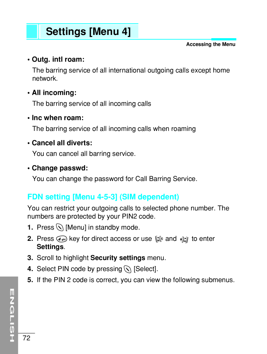 LG Electronics G5200 user manual FDN setting Menu 4-5-3 SIM dependent 