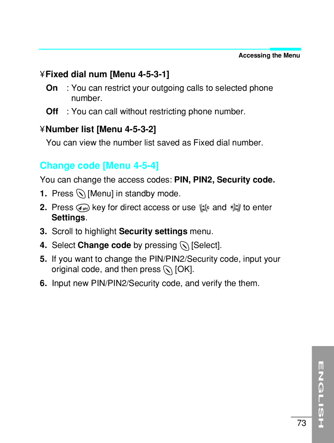 LG Electronics G5200 user manual Change code Menu, Fixed dial num Menu, Number list Menu 