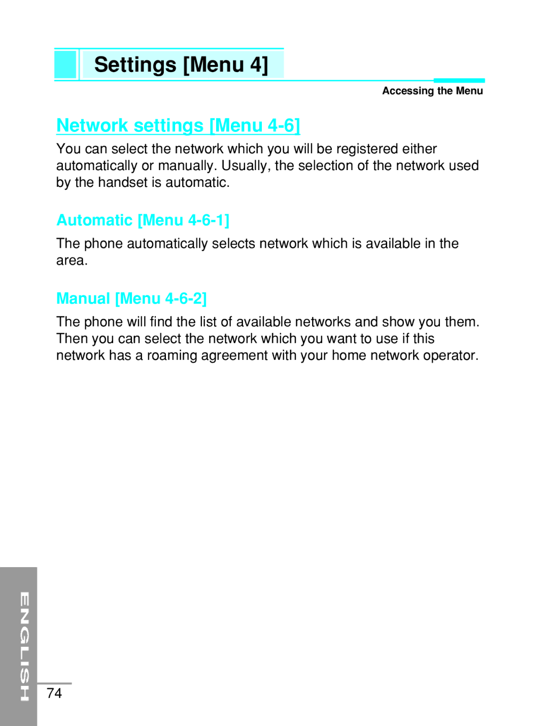 LG Electronics G5200 user manual Network settings Menu, Automatic Menu, Manual Menu 