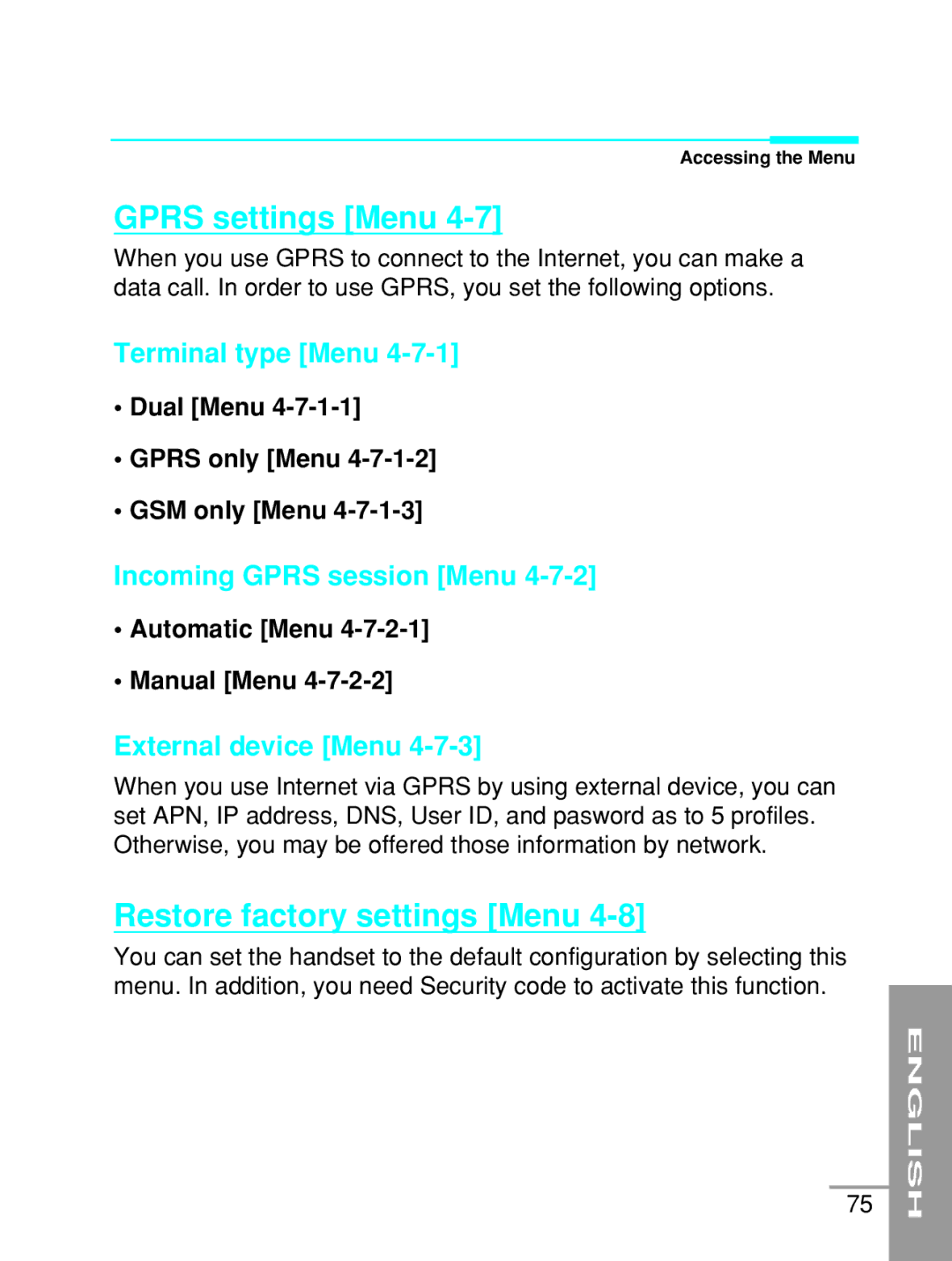 LG Electronics G5200 Gprs settings Menu, Restore factory settings Menu, Terminal type Menu, Incoming Gprs session Menu 