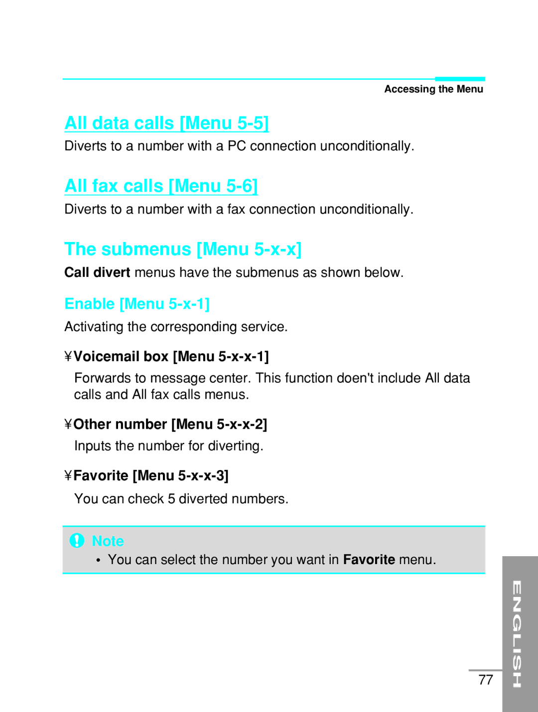 LG Electronics G5200 user manual All data calls Menu, All fax calls Menu, Submenus Menu, Voicemail box Menu, Favorite Menu 