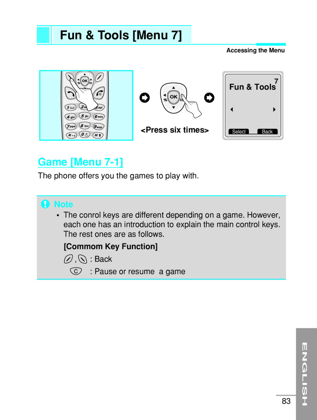 LG Electronics G5200 user manual Fun & Tools Menu, Game Menu, Fun & Tools Press six times, Commom Key Function 