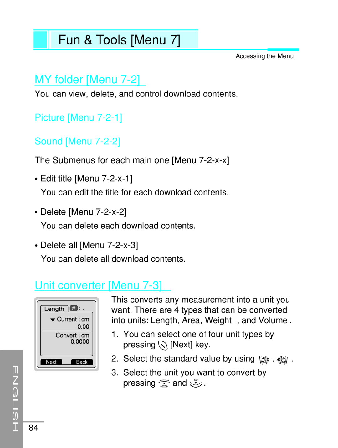 LG Electronics G5200 user manual MY folder Menu, Unit converter Menu, Picture Menu Sound Menu 