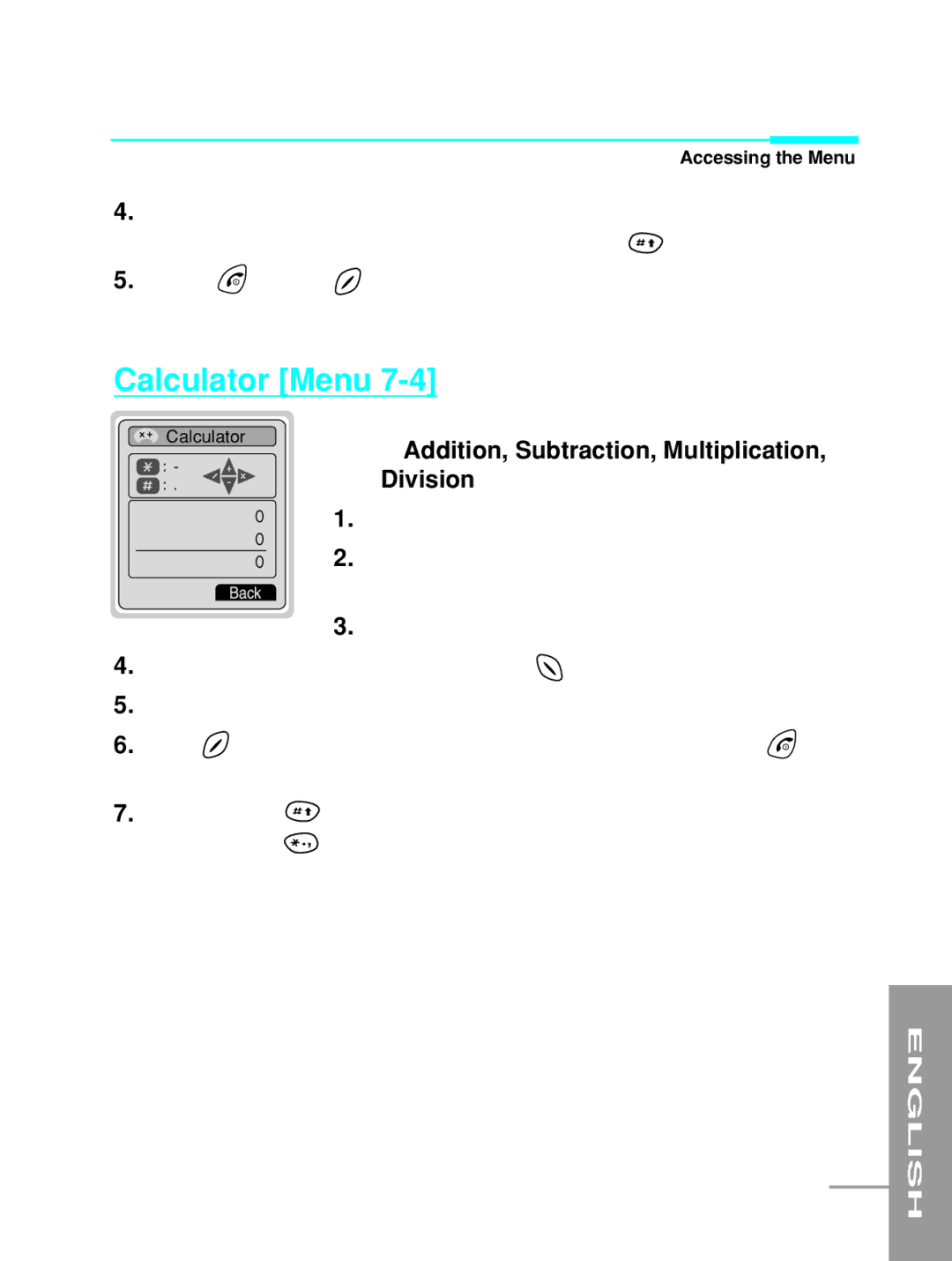 LG Electronics G5200 user manual Calculator Menu, ÷ Addition, Subtraction, Multiplication, and Division 