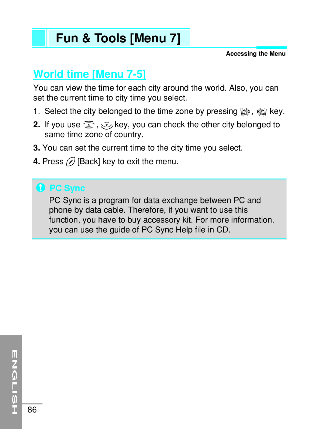 LG Electronics G5200 user manual World time Menu, PC Sync 