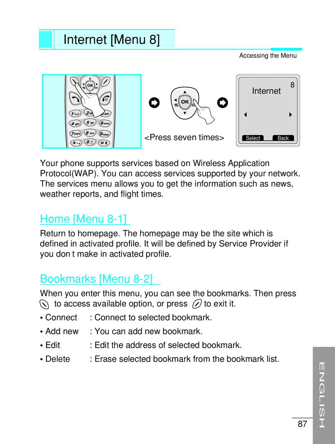 LG Electronics G5200 user manual Internet Menu, Home Menu, Bookmarks Menu, Internet Press seven times 