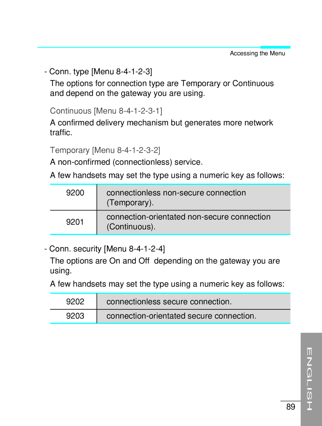 LG Electronics G5200 user manual Conn. type Menu, 9200, 9201, Conn. security Menu, 9202, 9203 