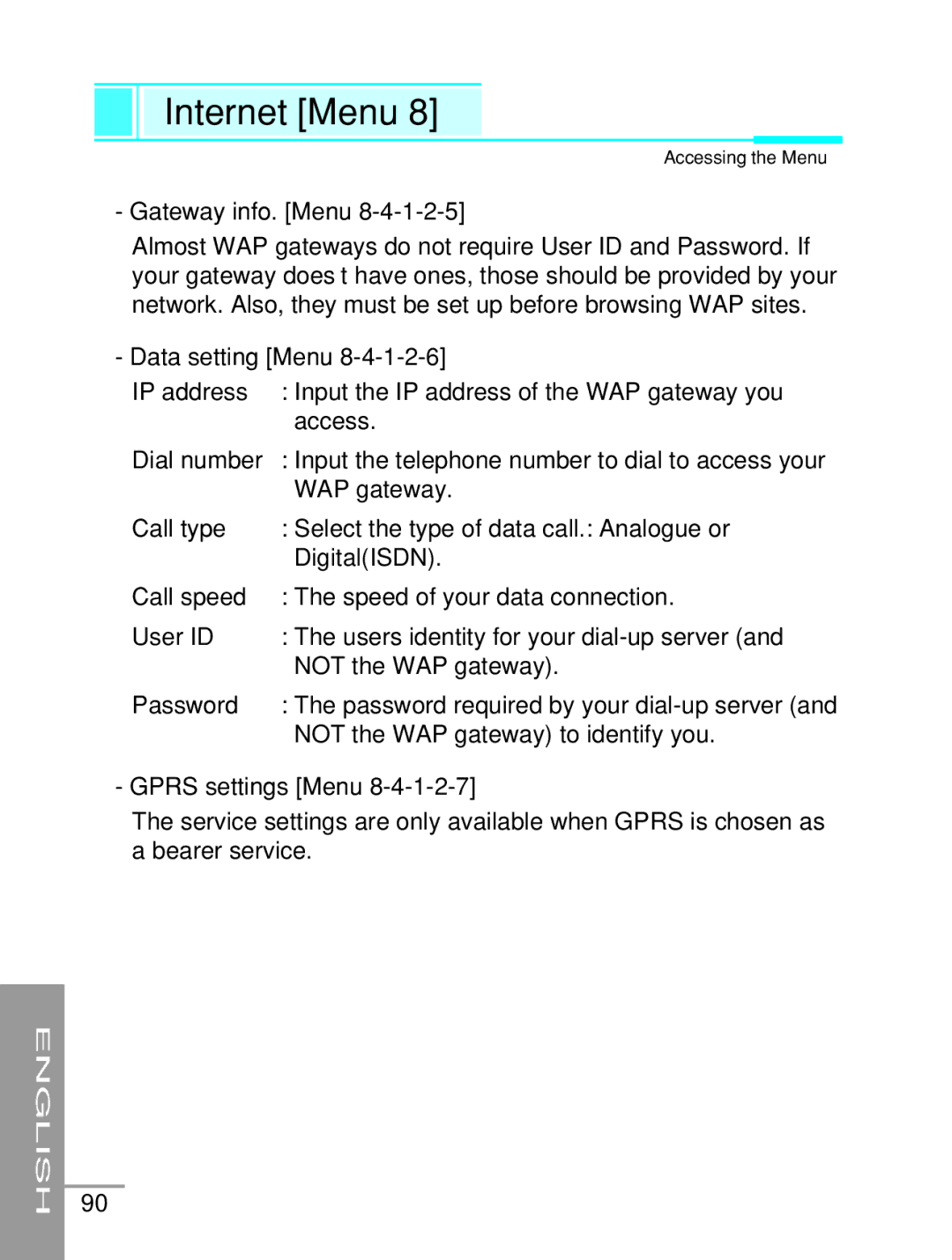 LG Electronics G5200 user manual Gateway info. Menu, Data setting Menu, Gprs settings Menu 